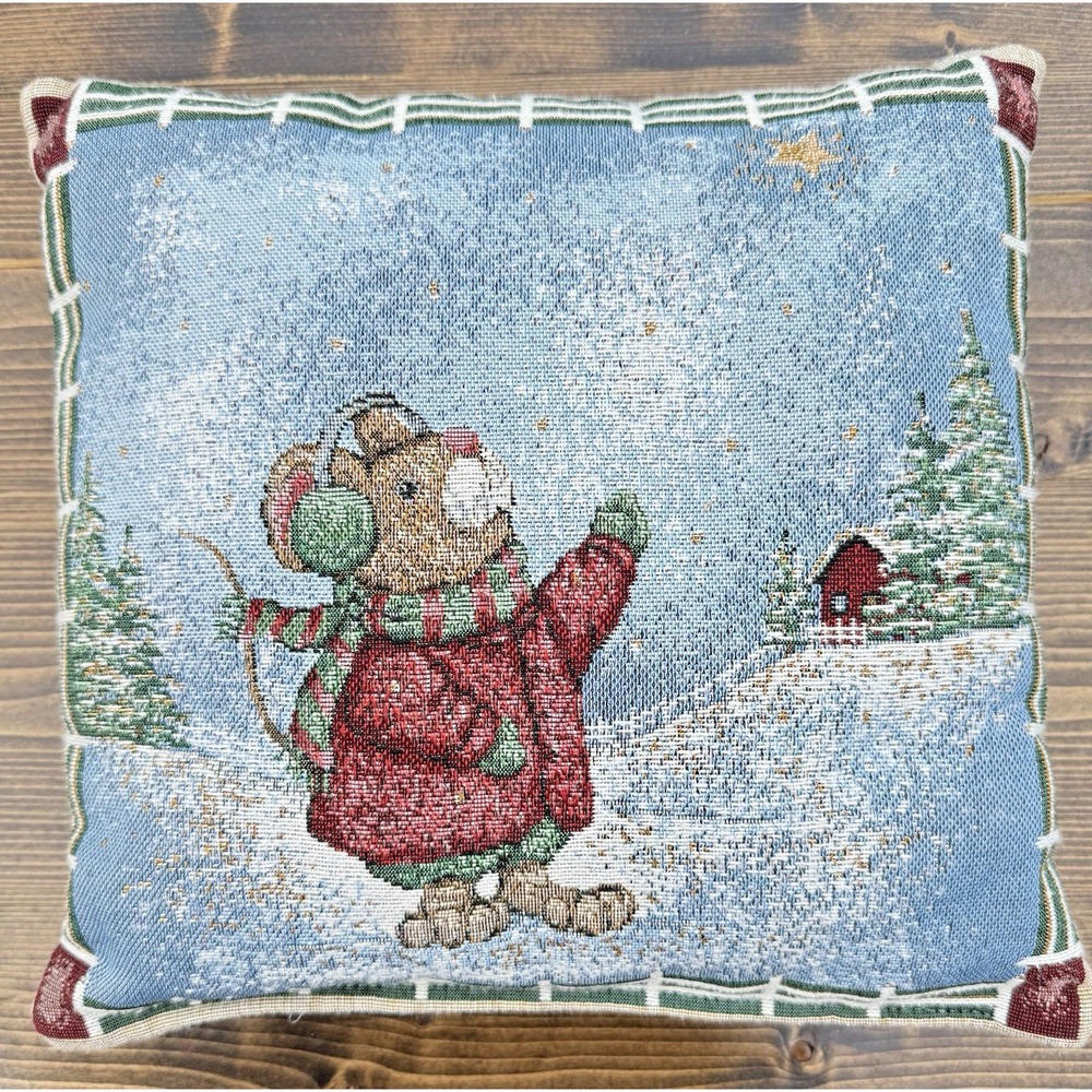 Vintage Christmas Mouse Tapestry Throw Pillow Double Sided Winter Holiday Cottag